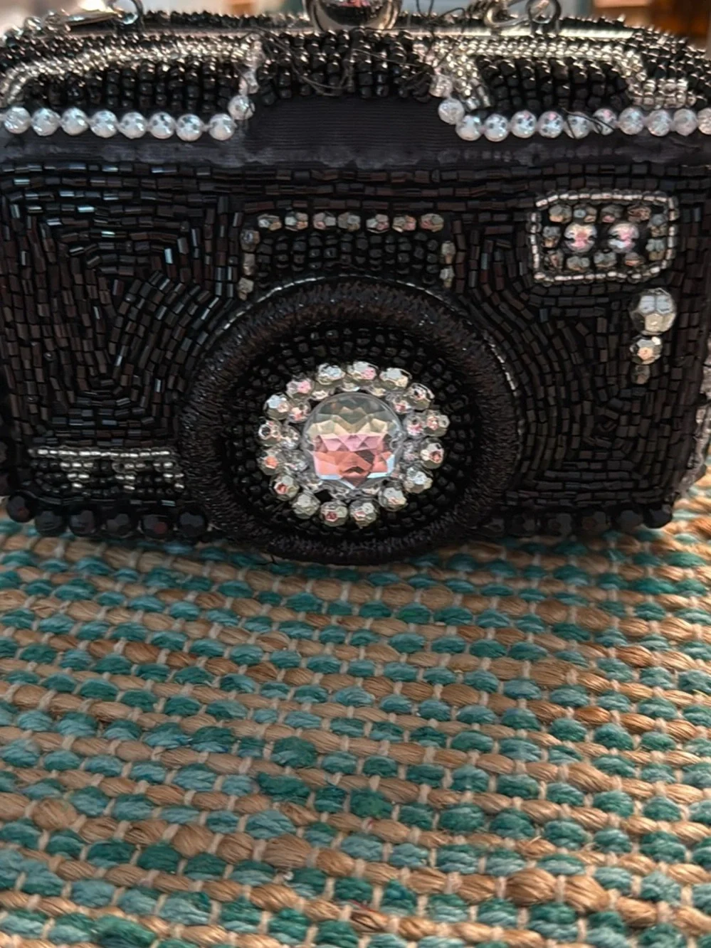 Black Beaded Camera-Shaped Evening Clutch with Crystal Accents